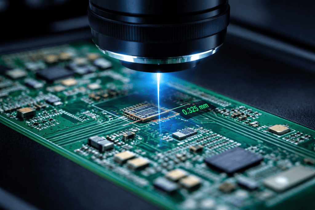 Close-up of PCB under video measuring system for high-precision inspection
