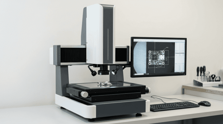 A scope system sits on a bench, with a monitor displaying an image of a circuit board and measurement overlay.