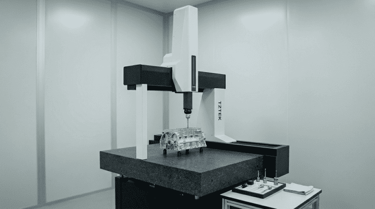 A Coordinate Measuring Machine (CMM) inspecting a metal component in a lab in Malaysia